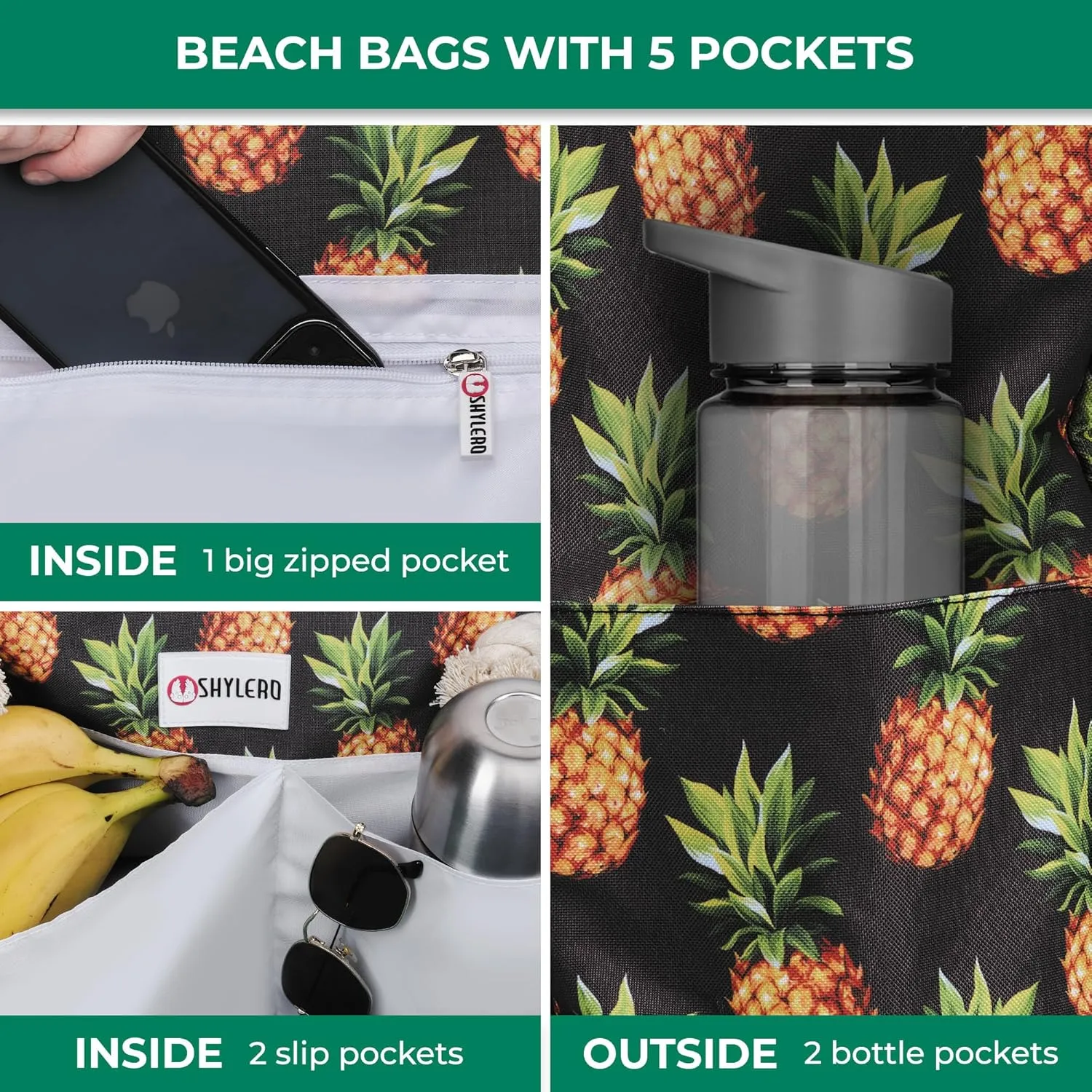 SHYLERO Beach Bag and Pool Bag Has Airtight Pouch, Magnetic Snap Closure. Beach Tote is Water Resistant. Family Size