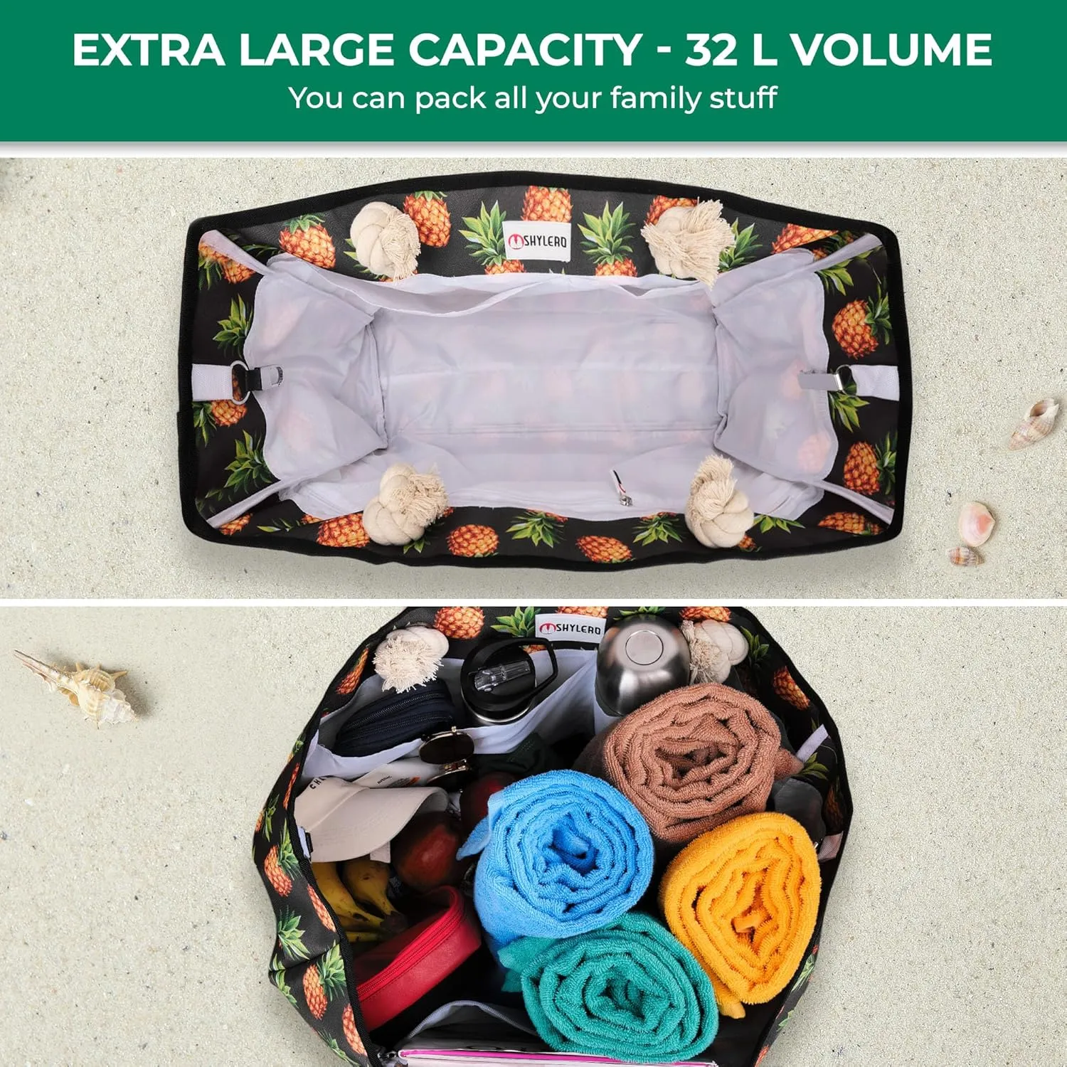 SHYLERO Beach Bag and Pool Bag Has Airtight Pouch, Magnetic Snap Closure. Beach Tote is Water Resistant. Family Size