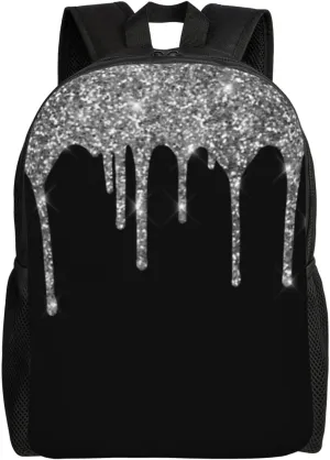 Silver Glitter Drips Sparkle Backpack – Water-Resistant Laptop Bag, 15" Compartment, Lightweight Unisex Daypack For Work & Travel