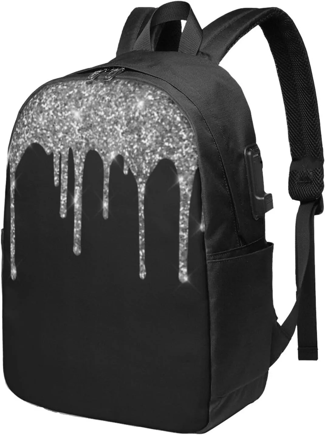 Silver Glitter Drips Sparkle Ergonomic Travel Laptop Backpack - Fashionable Usb Charging Men'S And Women'S Backpack, Work Gift, Leisure Day Bag