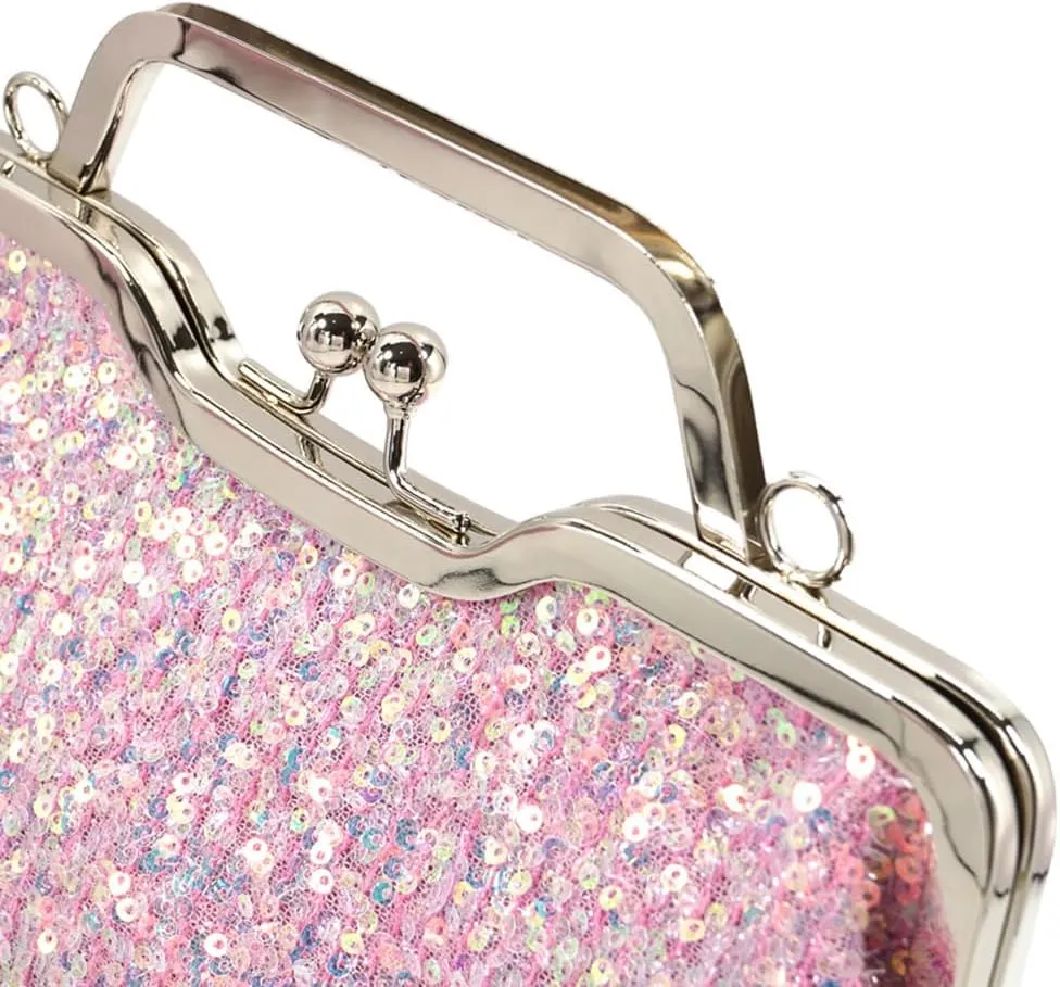 Silver Glitter Purse Crossbody Holographic Light Pink Clutch Sparkle Bag Chain for Women