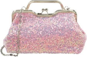 Silver Glitter Purse Crossbody Holographic Light Pink Clutch Sparkle Bag Chain for Women