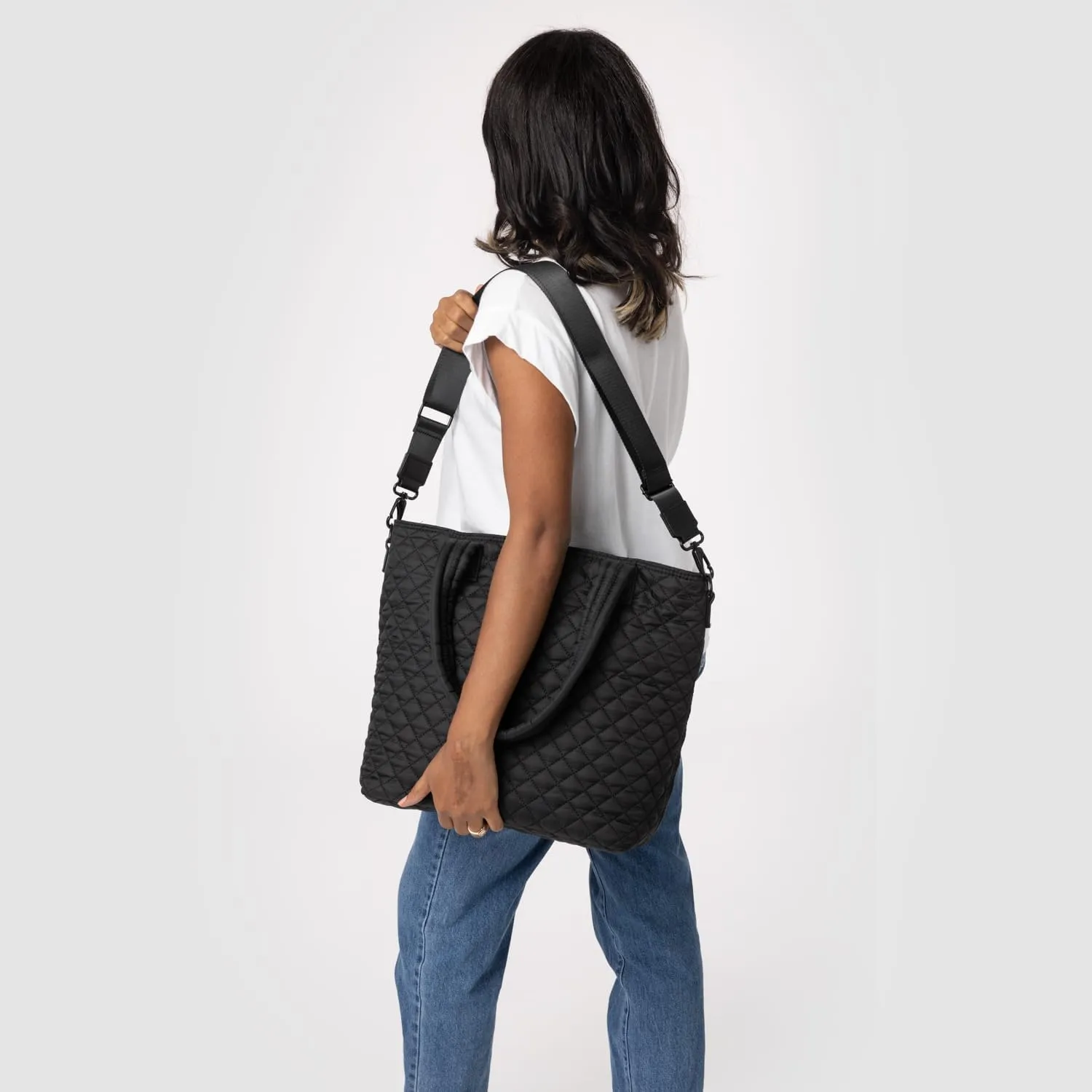 Simple Modern Quilted Tote Bag for Women | Medium Size w/Compartments & Laptop Sleeve | Adjustable Strap | Zipper Top