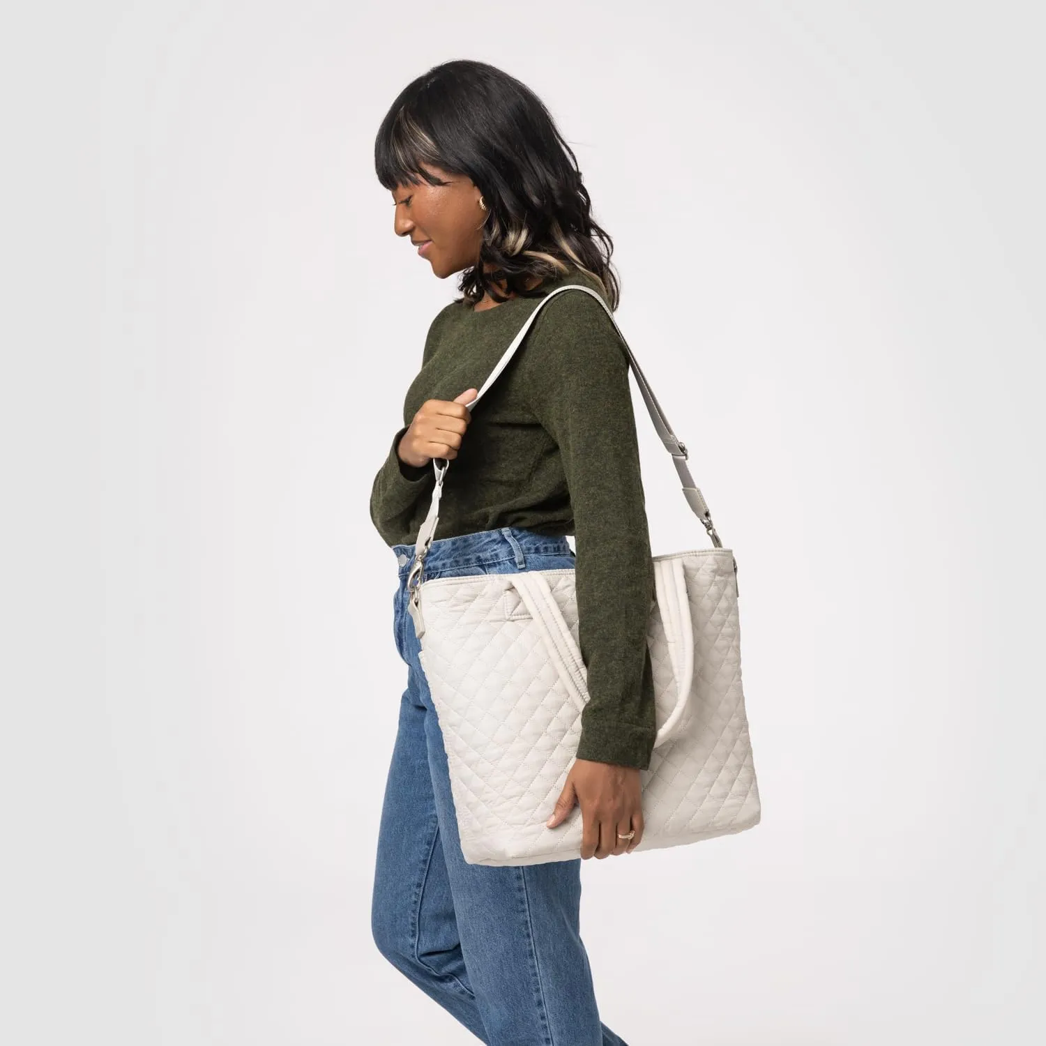 Simple Modern Quilted Tote Bag for Women | Medium Size w/Compartments & Laptop Sleeve | Adjustable Strap | Zipper Top