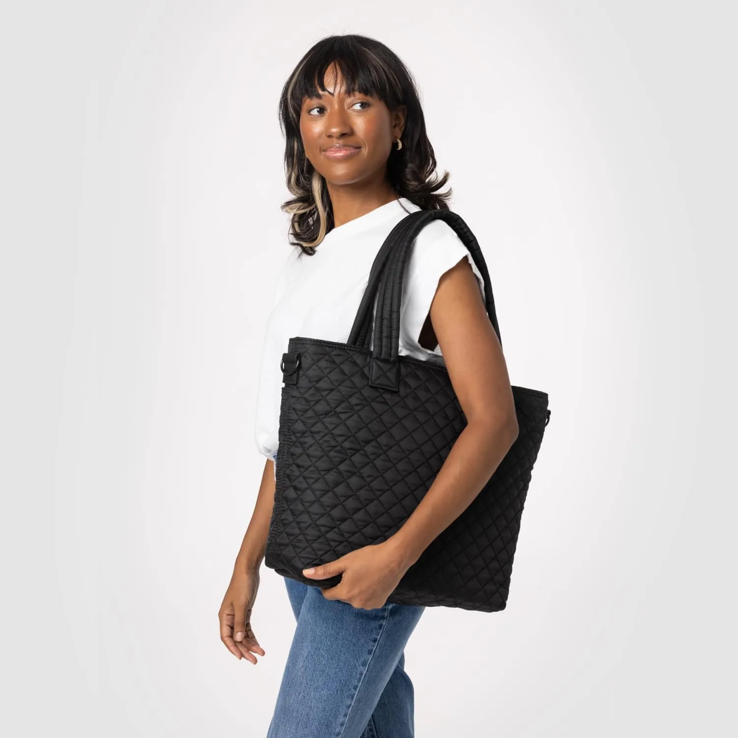 Simple Modern Quilted Tote Bag for Women | Medium Size w/Compartments & Laptop Sleeve | Adjustable Strap | Zipper Top