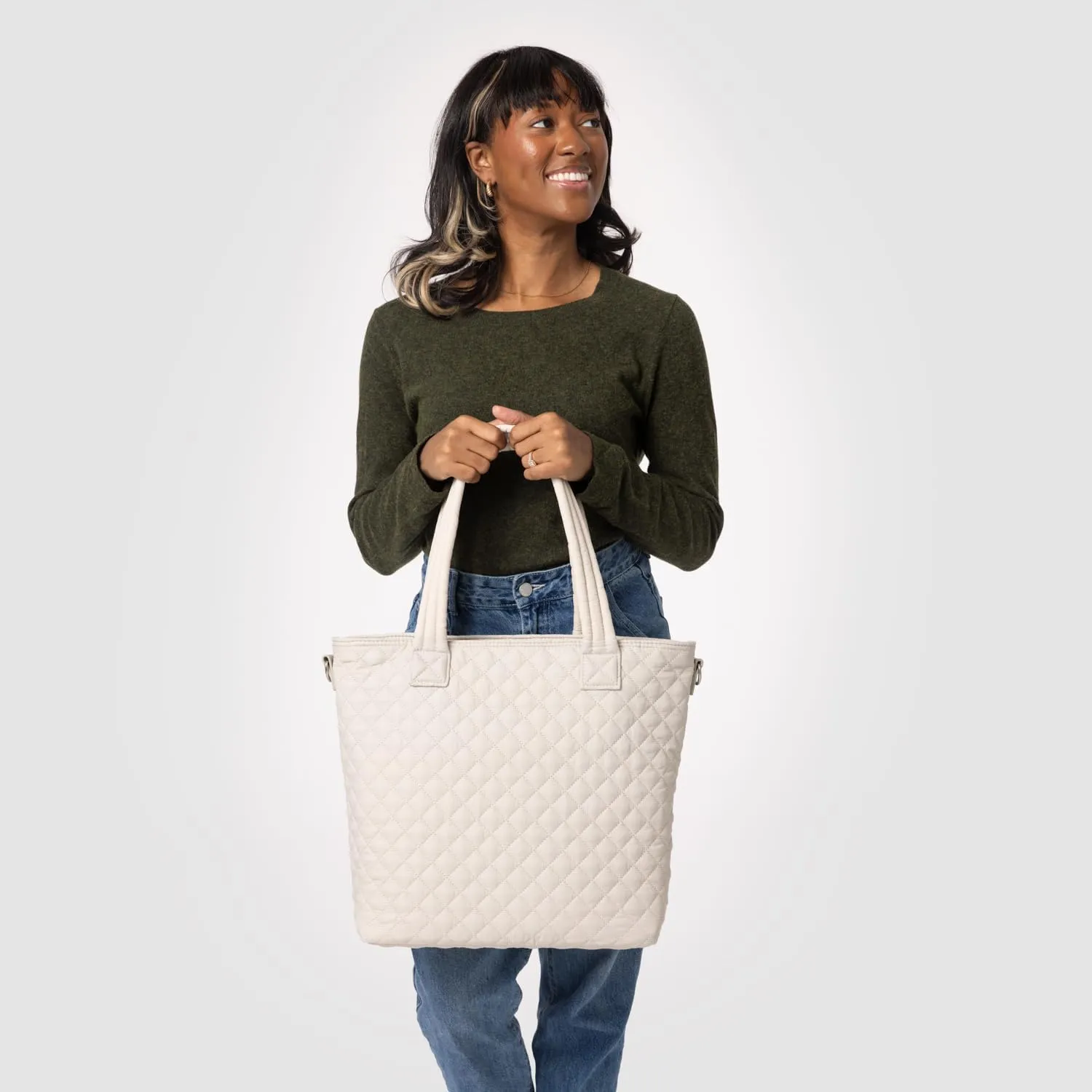Simple Modern Quilted Tote Bag for Women | Medium Size w/Compartments & Laptop Sleeve | Adjustable Strap | Zipper Top