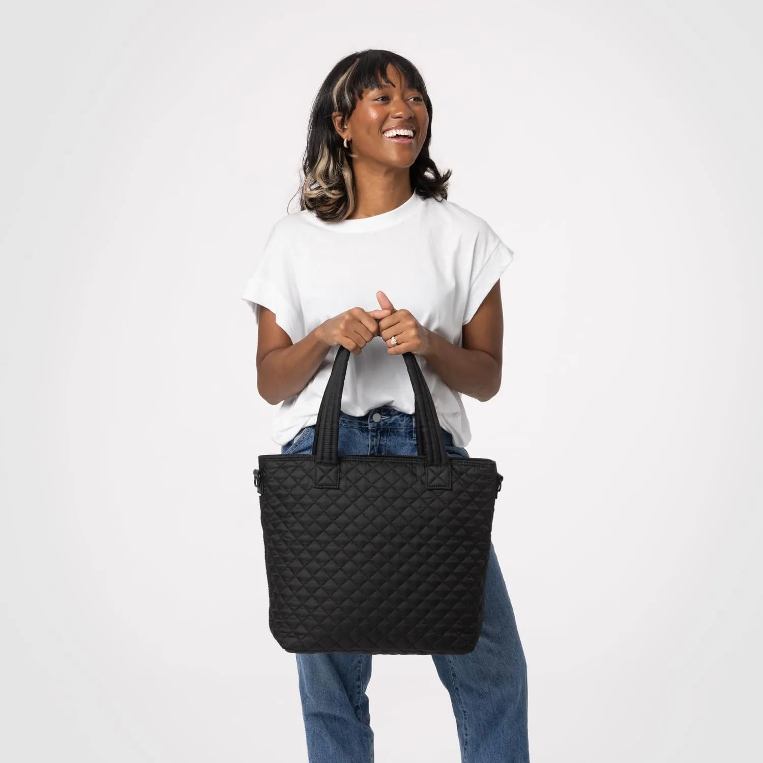 Simple Modern Quilted Tote Bag for Women | Medium Size w/Compartments & Laptop Sleeve | Adjustable Strap | Zipper Top