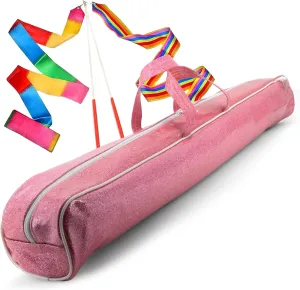 SIRCLES Twirling Baton Bag Case with Adjustable Shoulder Strap - Pink Sparkle Case for Majorette Marching Dance Batons - Complete with 2 Rainbow Dance Ribbons