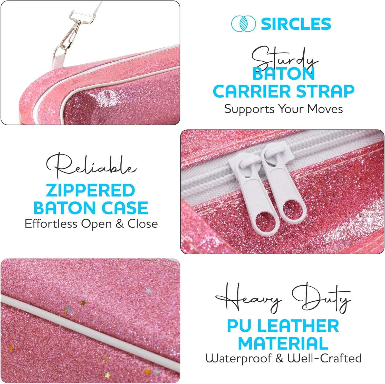 SIRCLES Twirling Baton Bag Case with Adjustable Shoulder Strap - Pink Sparkle Case for Majorette Marching Dance Batons - Complete with 2 Rainbow Dance Ribbons