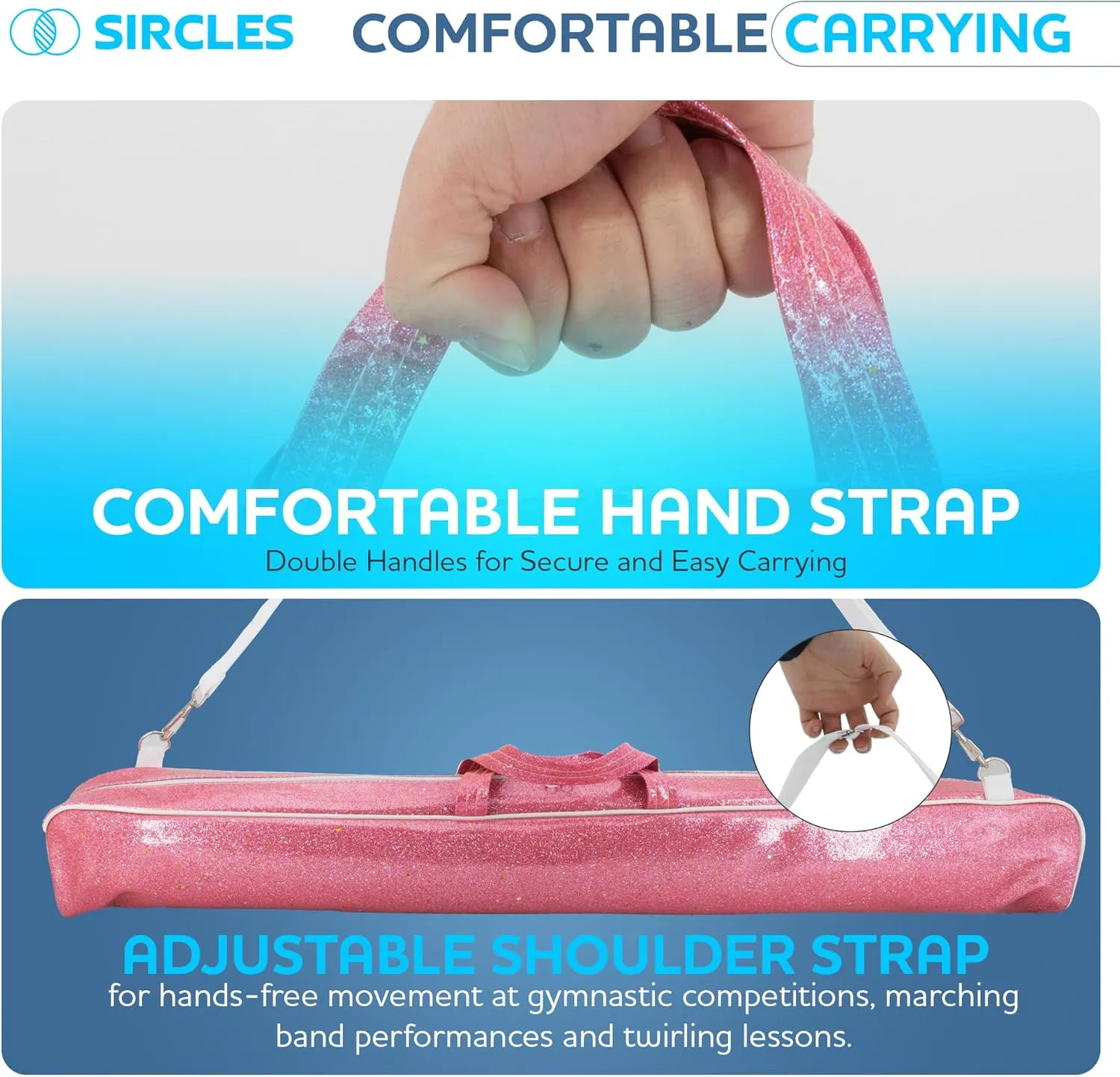 SIRCLES Twirling Baton Bag Case with Adjustable Shoulder Strap - Pink Sparkle Case for Majorette Marching Dance Batons - Complete with 2 Rainbow Dance Ribbons