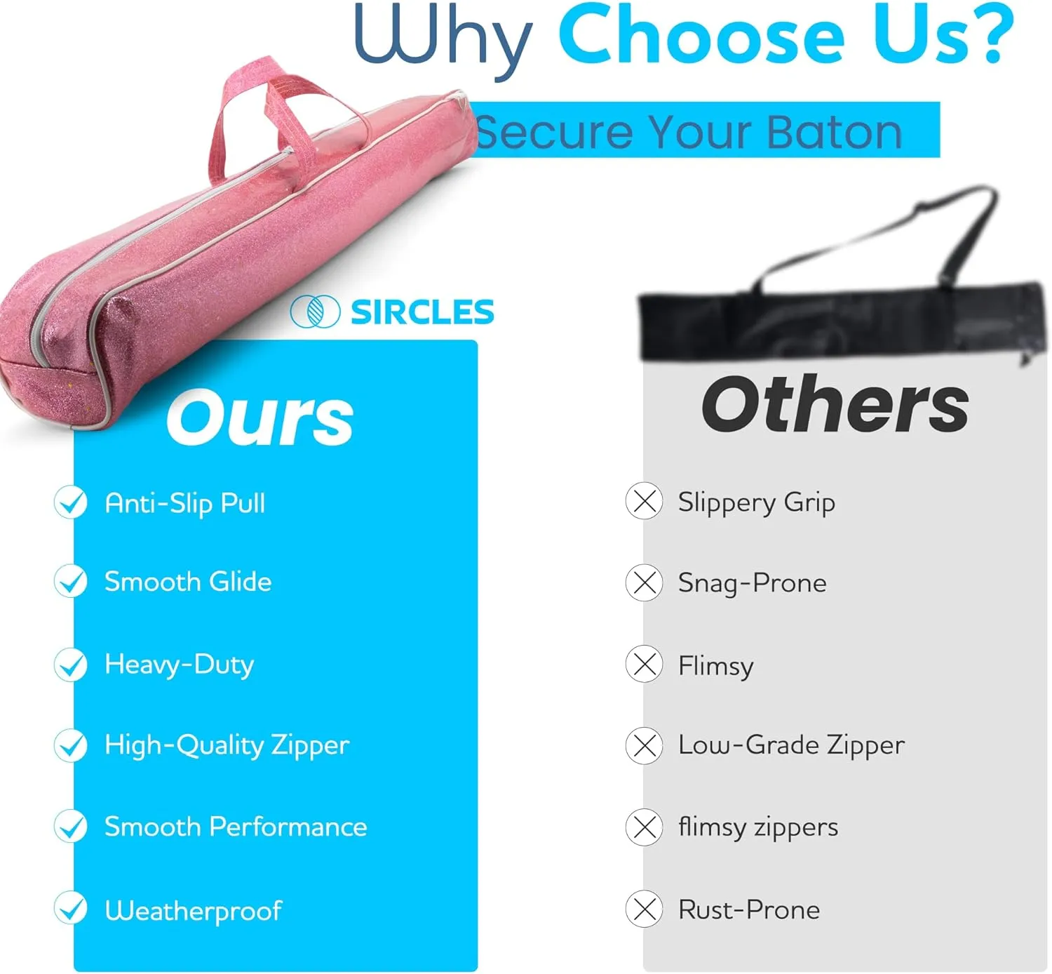 SIRCLES Twirling Baton Bag Case with Adjustable Shoulder Strap - Pink Sparkle Case for Majorette Marching Dance Batons - Complete with 2 Rainbow Dance Ribbons