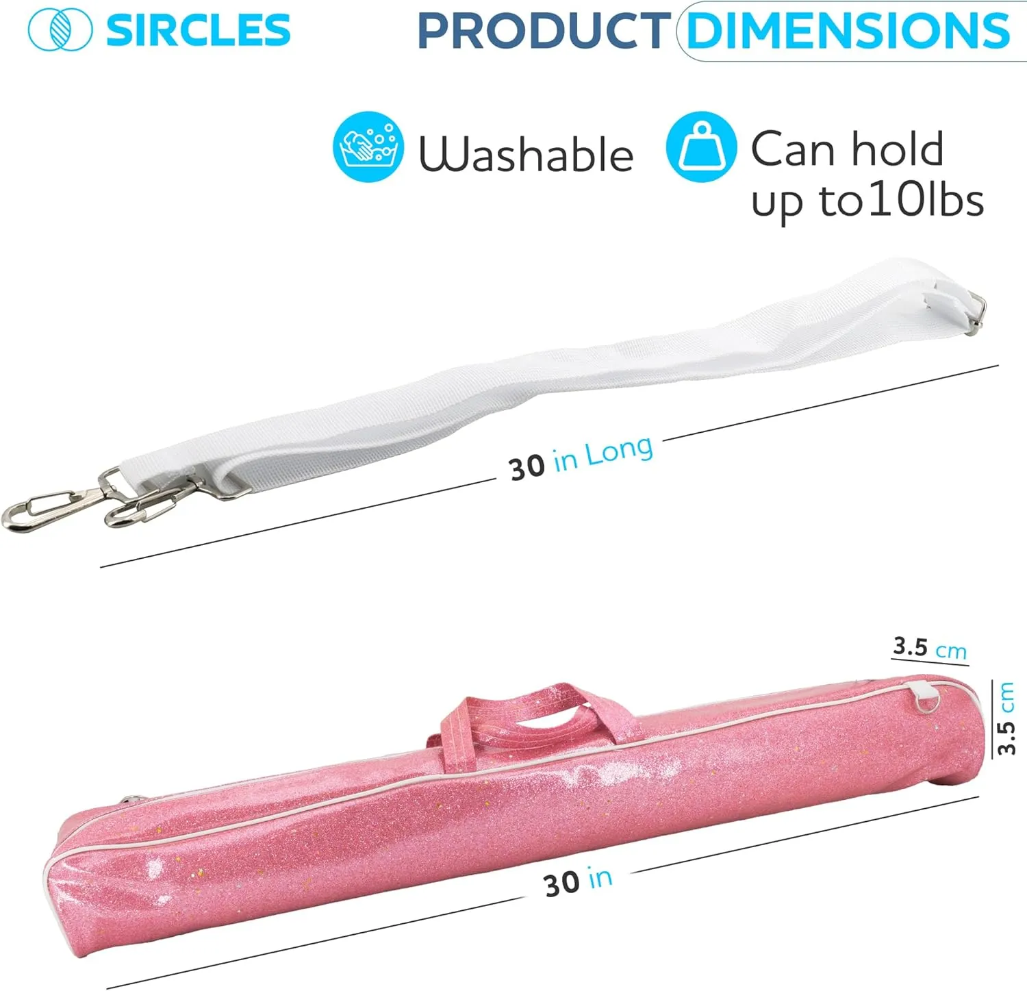 SIRCLES Twirling Baton Bag Case with Adjustable Shoulder Strap - Pink Sparkle Case for Majorette Marching Dance Batons - Complete with 2 Rainbow Dance Ribbons