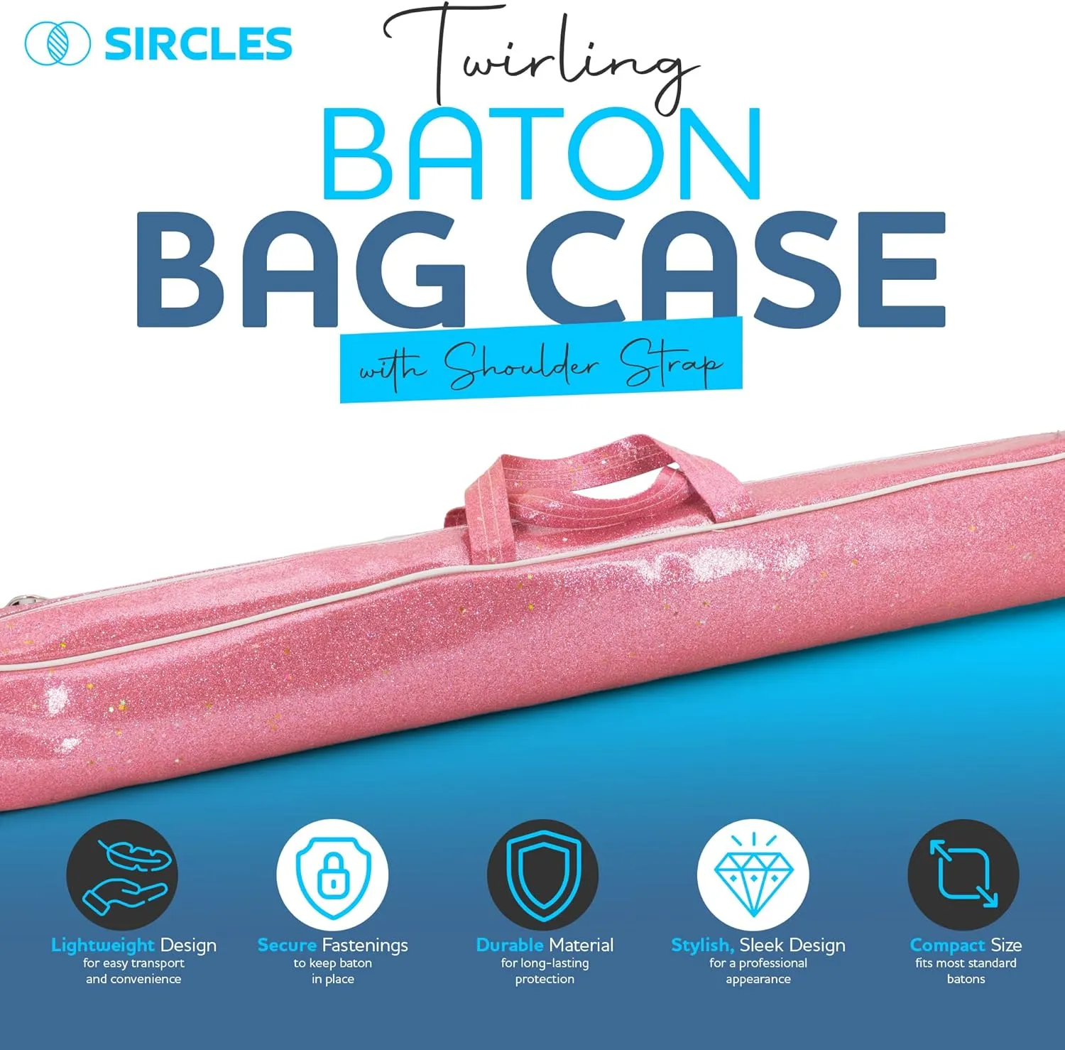 SIRCLES Twirling Baton Bag Case with Adjustable Shoulder Strap - Pink Sparkle Case for Majorette Marching Dance Batons - Complete with 2 Rainbow Dance Ribbons