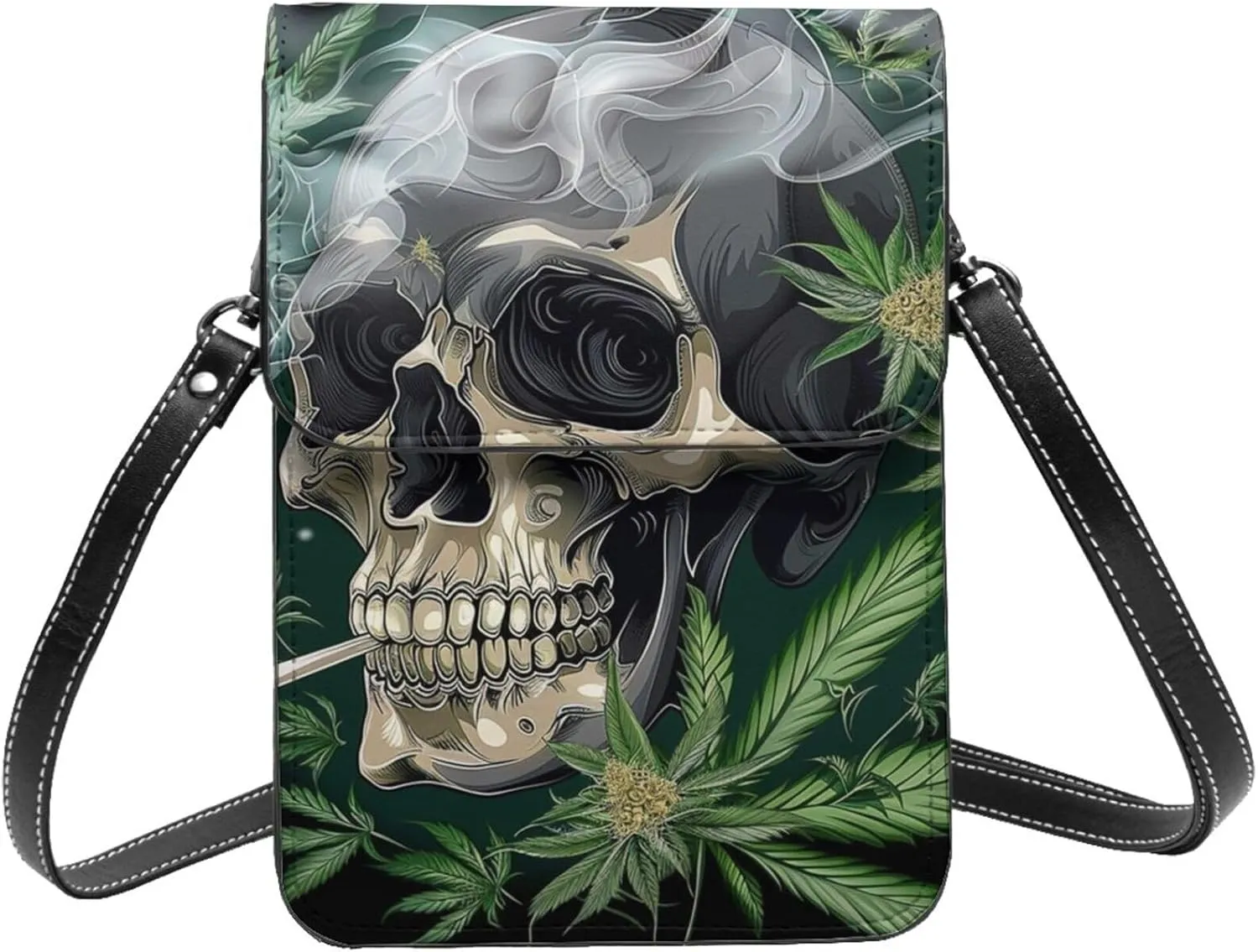 Skull Cannabis Leaf Psychedelic Marijuana Hippie Weed Crossbody Cell Phone Purse For Women Teen Girls Leather Small Crossbody Bag Mini Phone Pouch Purse, 7.5x5.3 Inches