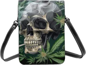 Skull Cannabis Leaf Psychedelic Marijuana Hippie Weed Crossbody Cell Phone Purse For Women Teen Girls Leather Small Crossbody Bag Mini Phone Pouch Purse, 7.5x5.3 Inches
