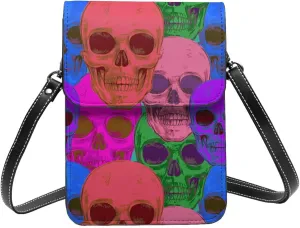 skulls death abstract colourful Crossbody Cell Phone Purse for Women Girls Leather Mini Cross Body Bags Small Shoulder Bags