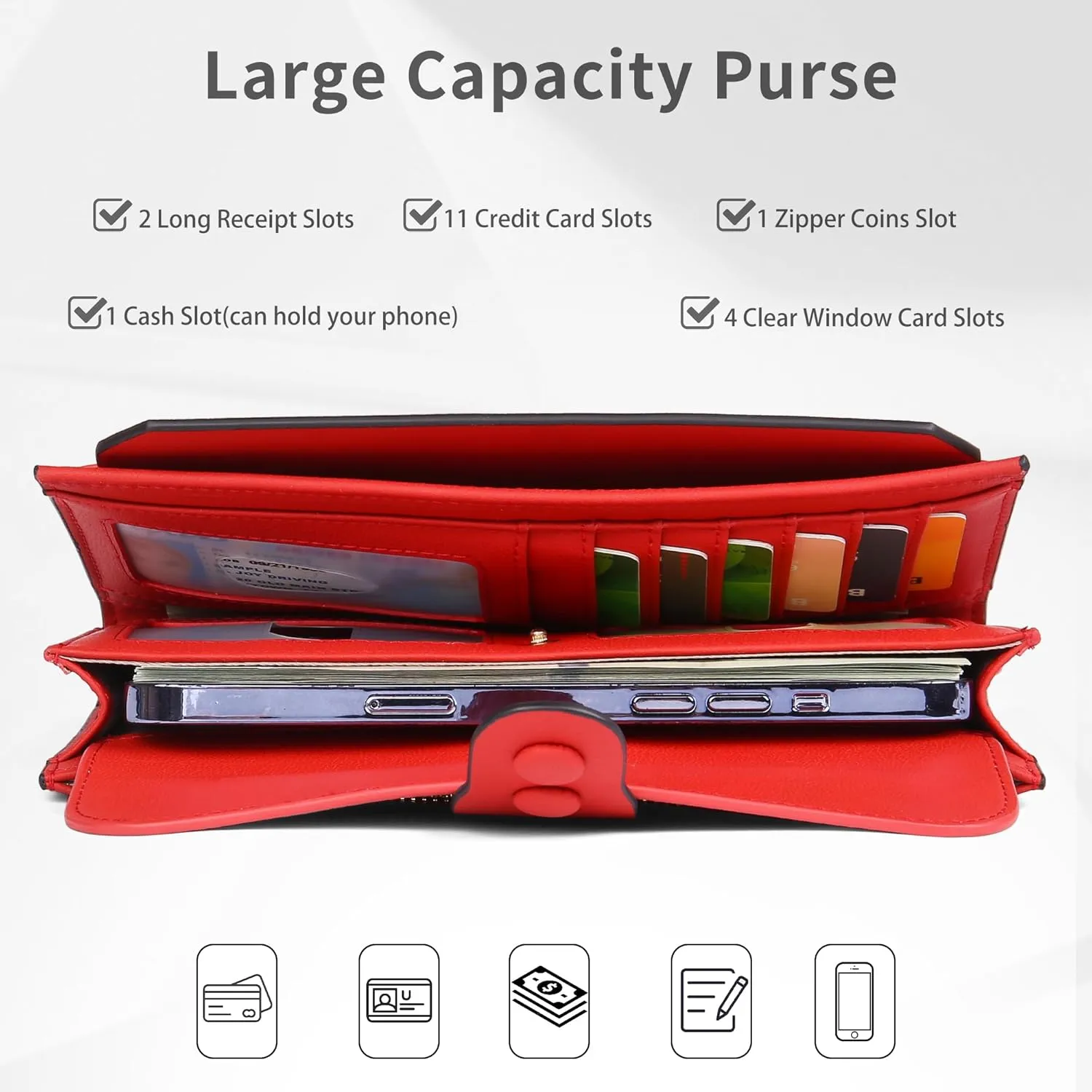 Slim Wallet for Women Thin Leather Bifold RFID Blocking Clutch Credit Card Holder for Women Ladies Wallet Phone Purse Wristlet with 3 ID Windows