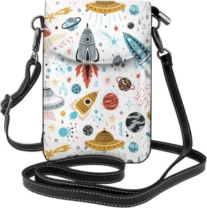 Small Crossbody Bags for Women Rocket Flying Saucers Travel Cell Phone Pouch Cross Body PU Leather Phone Purse Lightweight Wallet Purses with Credit Card Slots and Adjustable Shoulder Strap