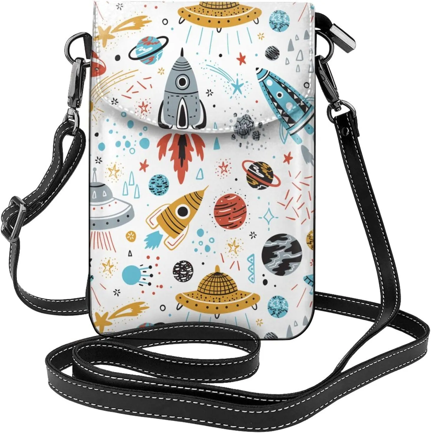 Small Crossbody Bags for Women Rocket Flying Saucers Travel Cell Phone Pouch Cross Body PU Leather Phone Purse Lightweight Wallet Purses with Credit Card Slots and Adjustable Shoulder Strap