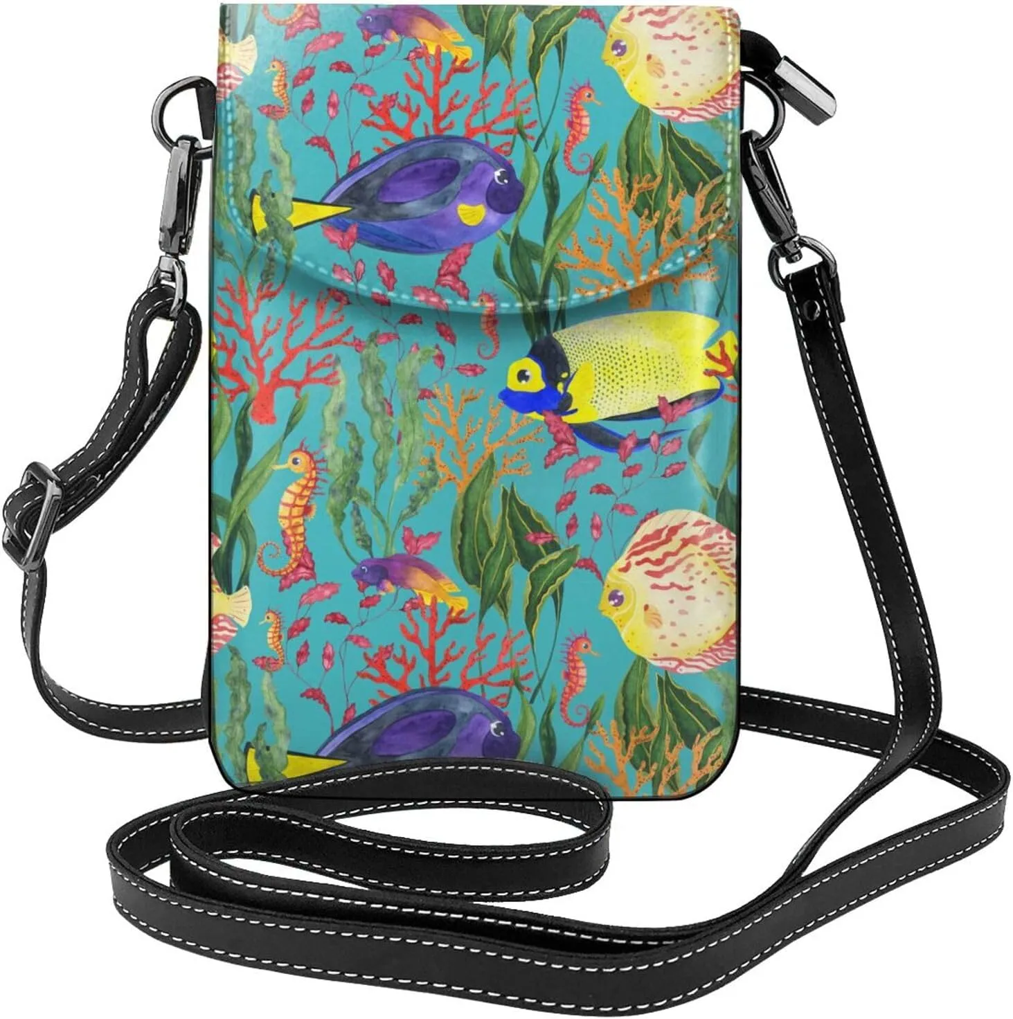 Small Crossbody Bags for Women Seaweed Fish Seahorse Travel Cell Phone Pouch Cross Body PU Leather Phone Purse Lightweight Wallet Purses with Credit Card Slots and Adjustable Shoulder Strap