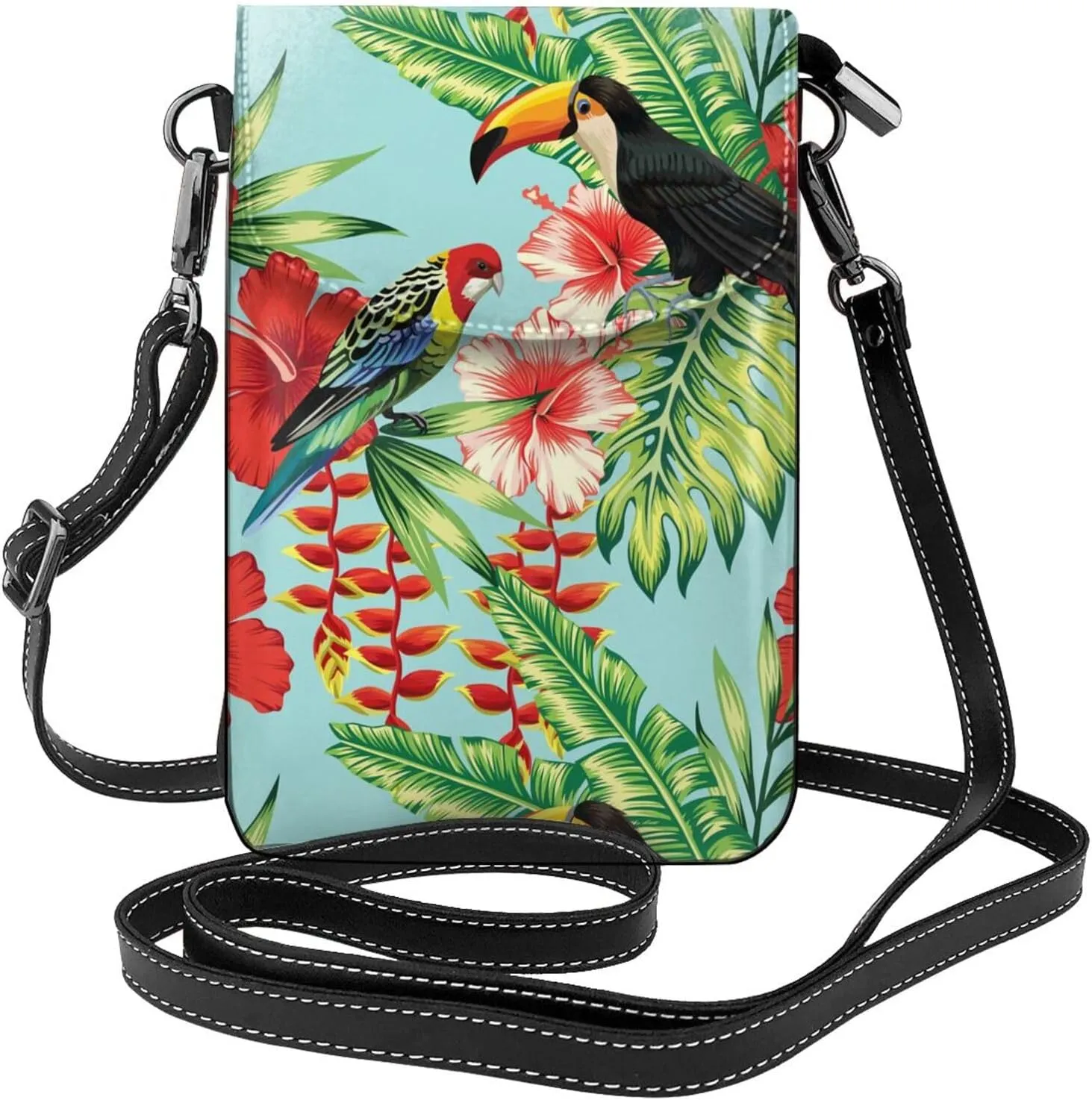 Small Crossbody Bags for Women Tropic Toucan Palm Leaf Travel Cell Phone Pouch Cross Body PU Leather Phone Purse Lightweight Wallet Purses with Credit Card Slots and Adjustable Shoulder Strap