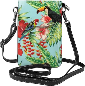 Small Crossbody Bags for Women Tropic Toucan Palm Leaf Travel Cell Phone Pouch Cross Body PU Leather Phone Purse Lightweight Wallet Purses with Credit Card Slots and Adjustable Shoulder Strap