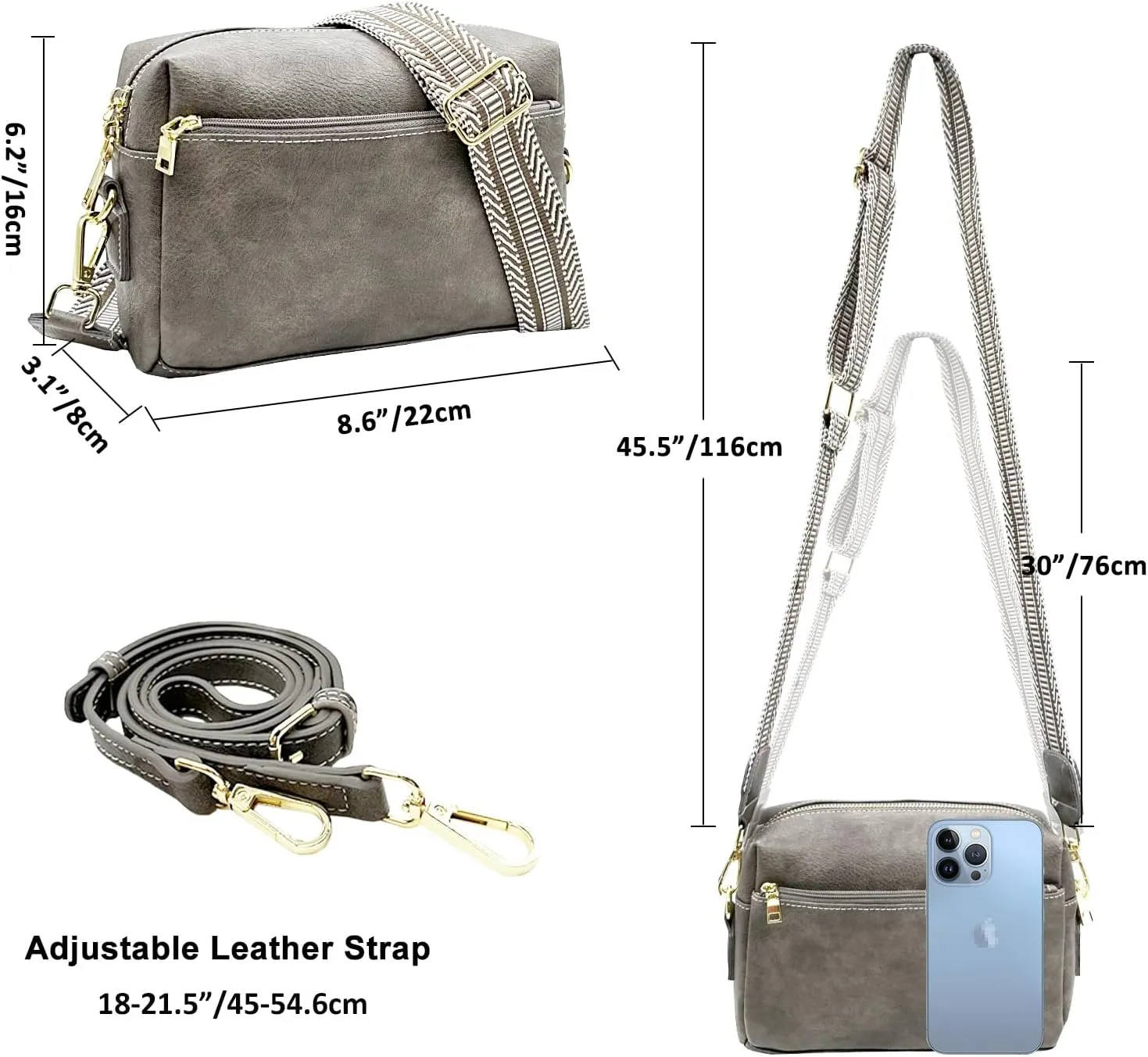 Small Crossbody Bags Purses for Women Triple Zip Vegan Leather Shoulder Handbags with Guitar & Leather Straps