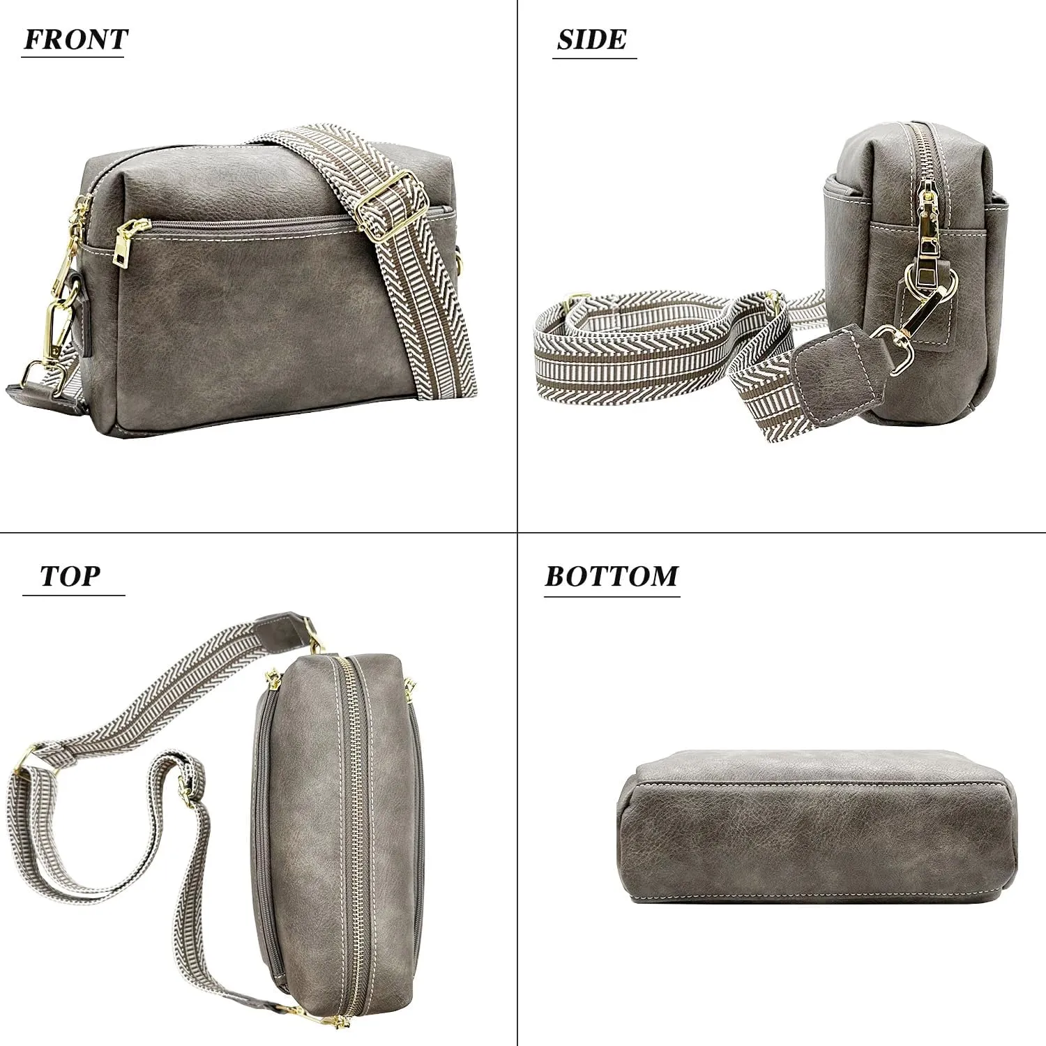 Small Crossbody Bags Purses for Women Triple Zip Vegan Leather Shoulder Handbags with Guitar & Leather Straps