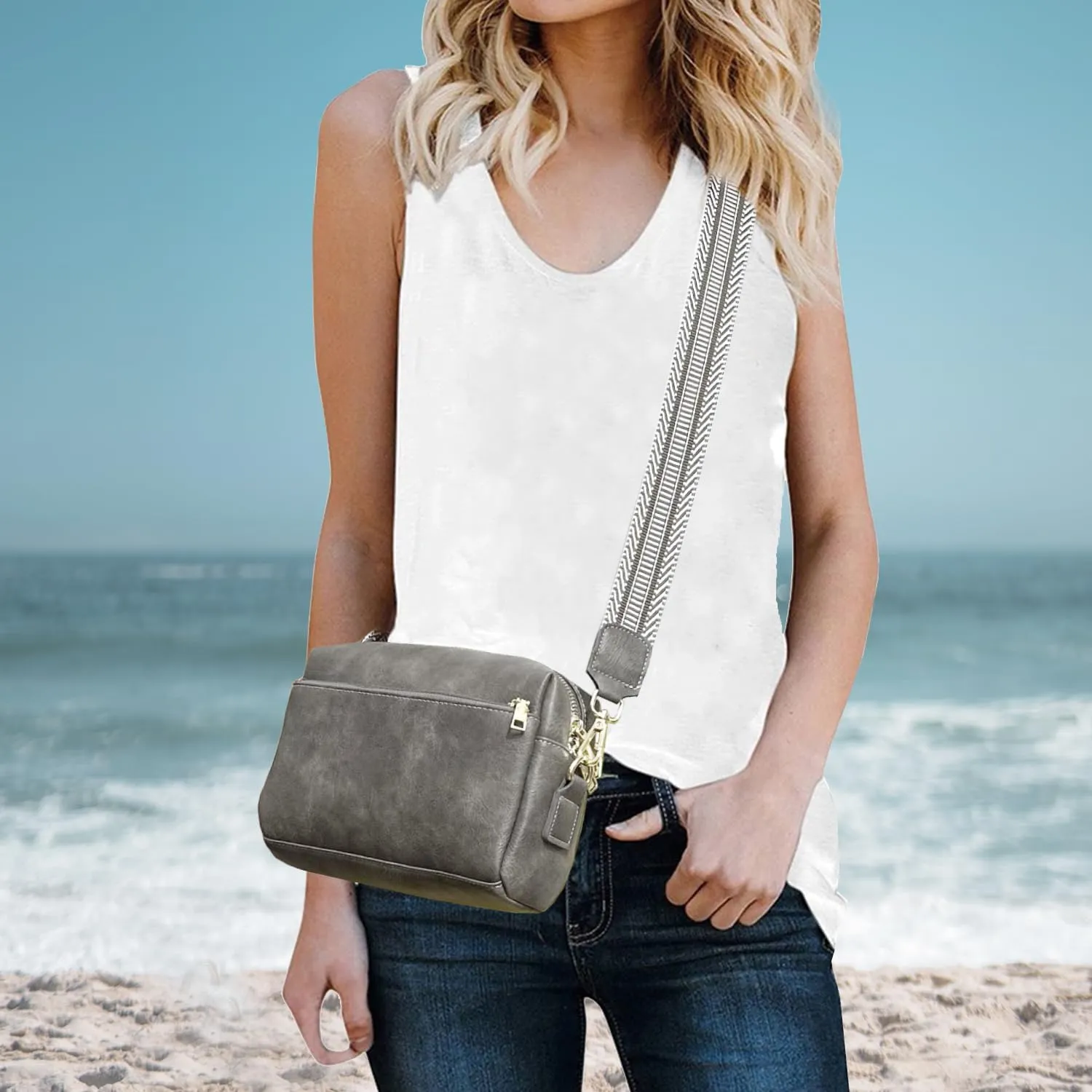 Small Crossbody Bags Purses for Women Triple Zip Vegan Leather Shoulder Handbags with Guitar & Leather Straps