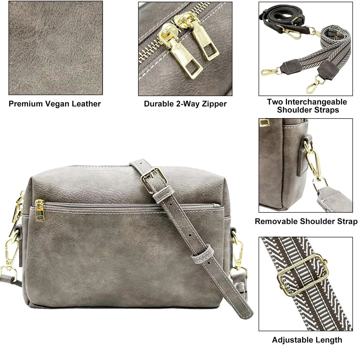 Small Crossbody Bags Purses for Women Triple Zip Vegan Leather Shoulder Handbags with Guitar & Leather Straps