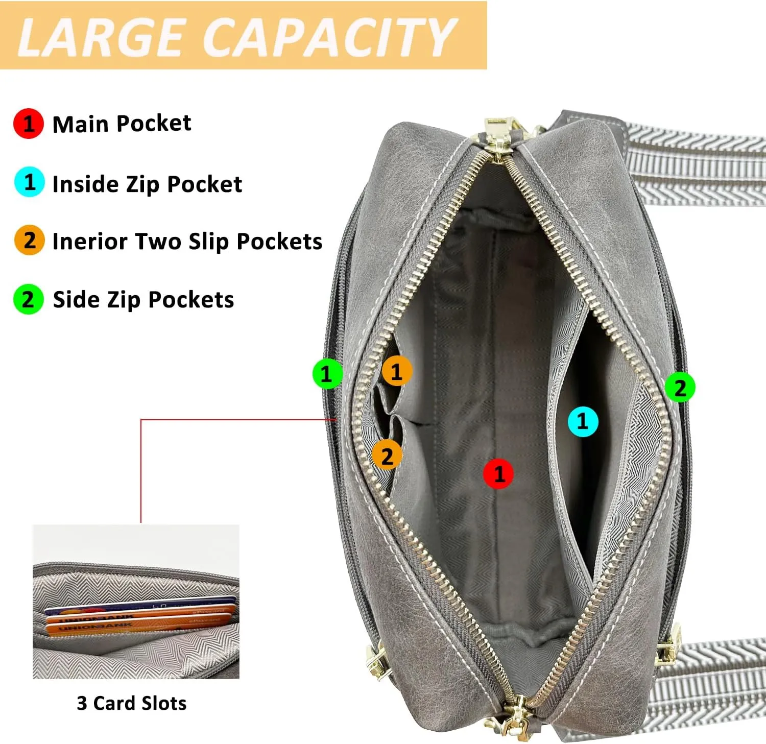Small Crossbody Bags Purses for Women Triple Zip Vegan Leather Shoulder Handbags with Guitar & Leather Straps