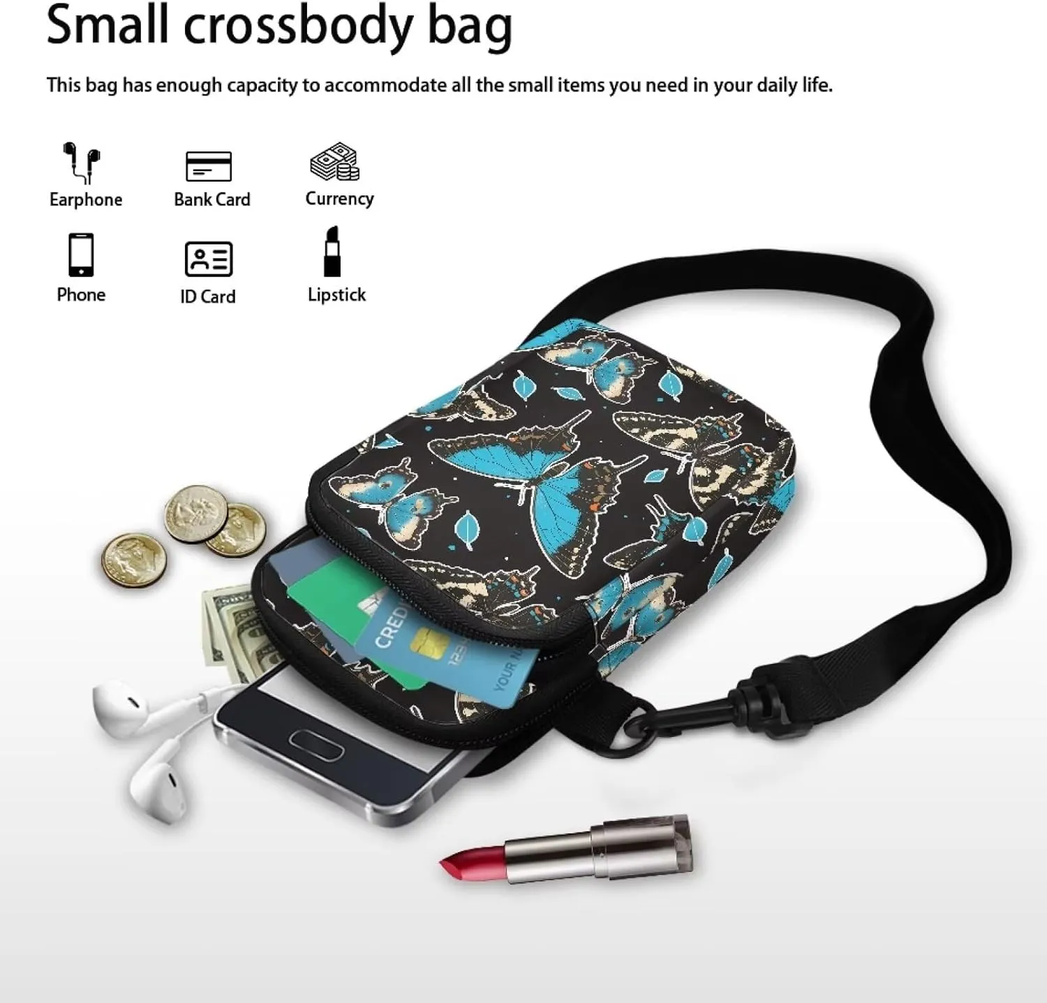 Small Crossbody Purse Butterfly Zipper Cell Phone Bag, Puppy Dog Print Mini Shoulder Purse Bags with Shoulder Strap