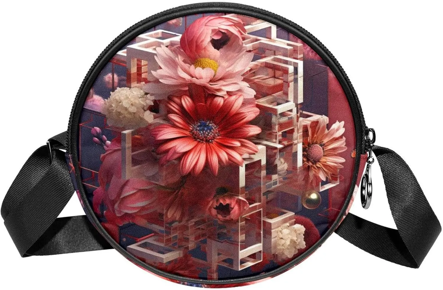 Small Crossbody Wallet for Women, Circle Crossbody Purse Handbag, Graphic Pattern Botany Flowers and Butterfly