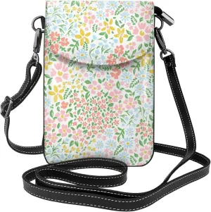 Small Crushed Flowers Small Crossbody Bags for Women Travel Cell Phone Pouch PU Leather Cross Body Bag Adjustable Shoulder Strap Phone Purses Lightweight Wallet Purse with Credit Card Slots
