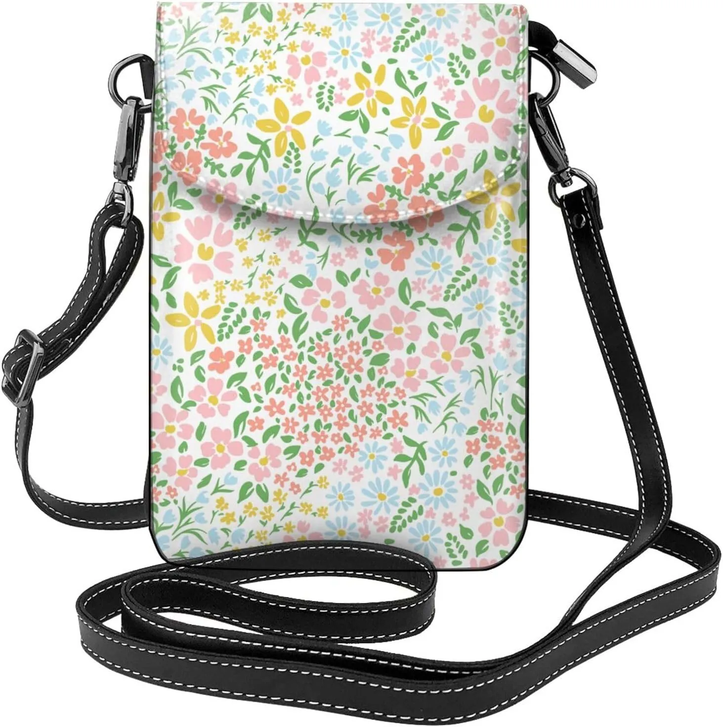 Small Crushed Flowers Small Crossbody Bags for Women Travel Cell Phone Pouch PU Leather Cross Body Bag Adjustable Shoulder Strap Phone Purses Lightweight Wallet Purse with Credit Card Slots