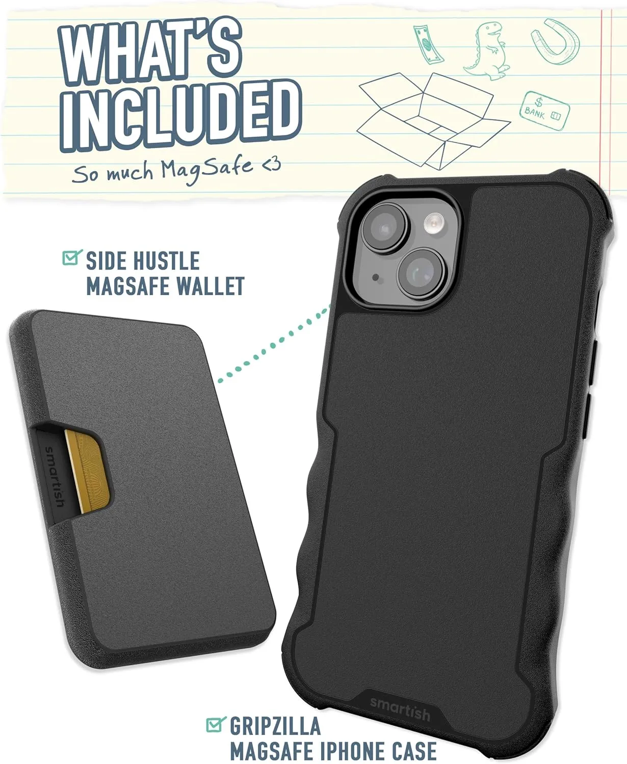 Smartish® iPhone 15 Protective Case with Wallet for MagSafe iPhones - Gripzilla - Magsafe Compatible Heavy Duty Armor Grip Cover   Detachable Magnetic Credit Card Holder - Black Tie Affair