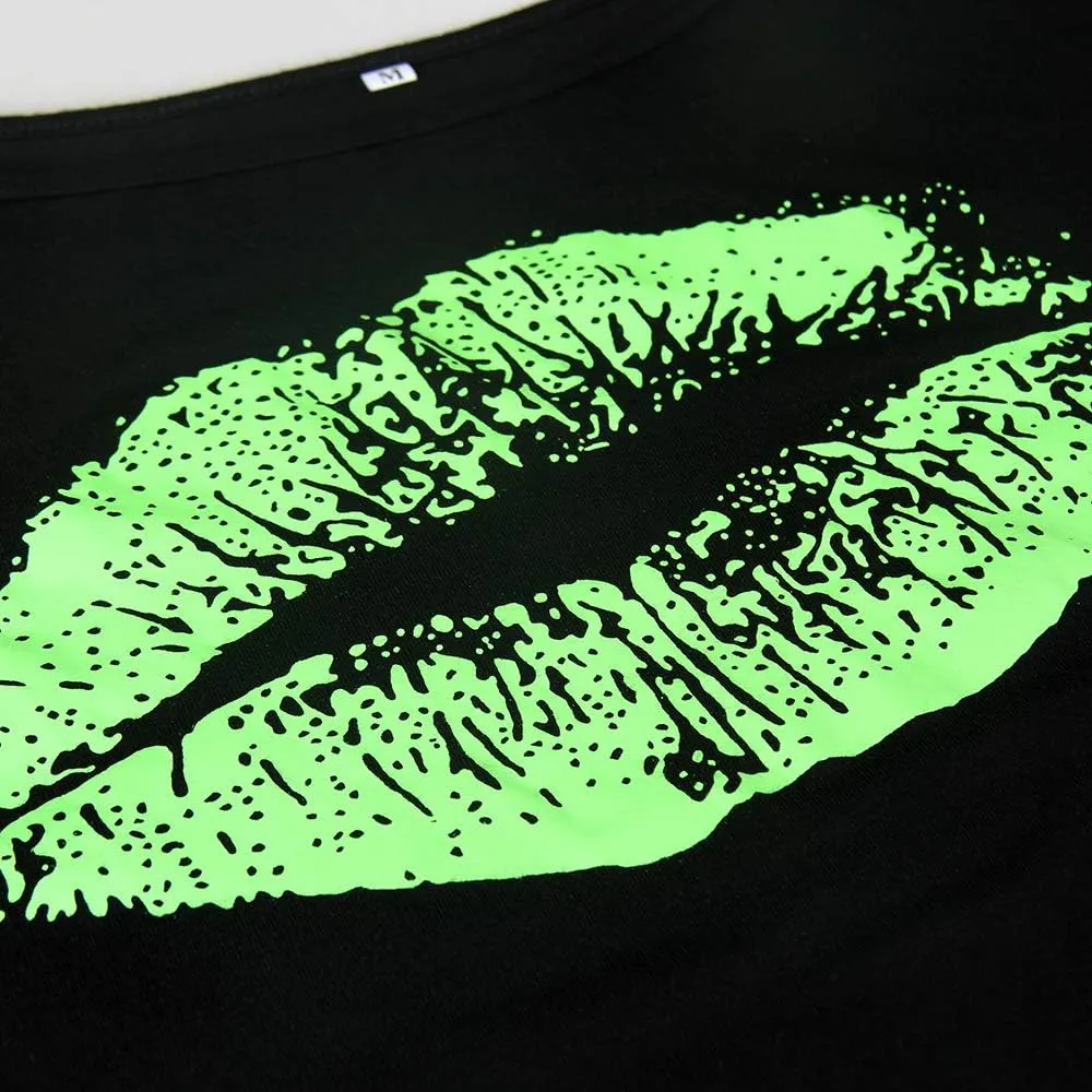 Smile Fish Women Casual Oversized Sexy Lips Print Off Shoulder T-Shirt