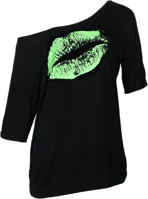 Smile Fish Women Casual Oversized Sexy Lips Print Off Shoulder T-Shirt