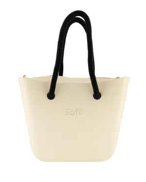 Sofii Designer Tote Handbag - Cream- Beige - Black Rope