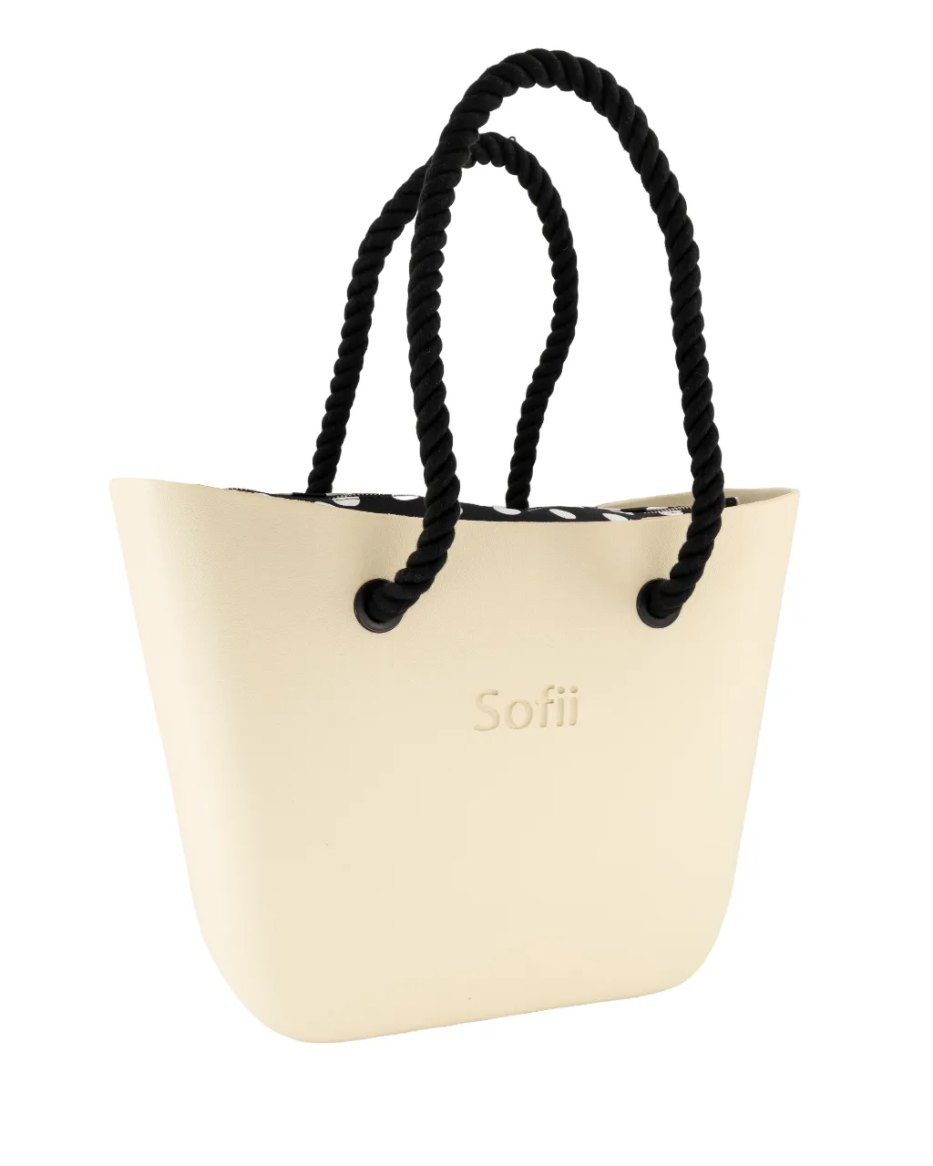 Sofii Designer Tote Handbag - Cream - Polka - Black Rope