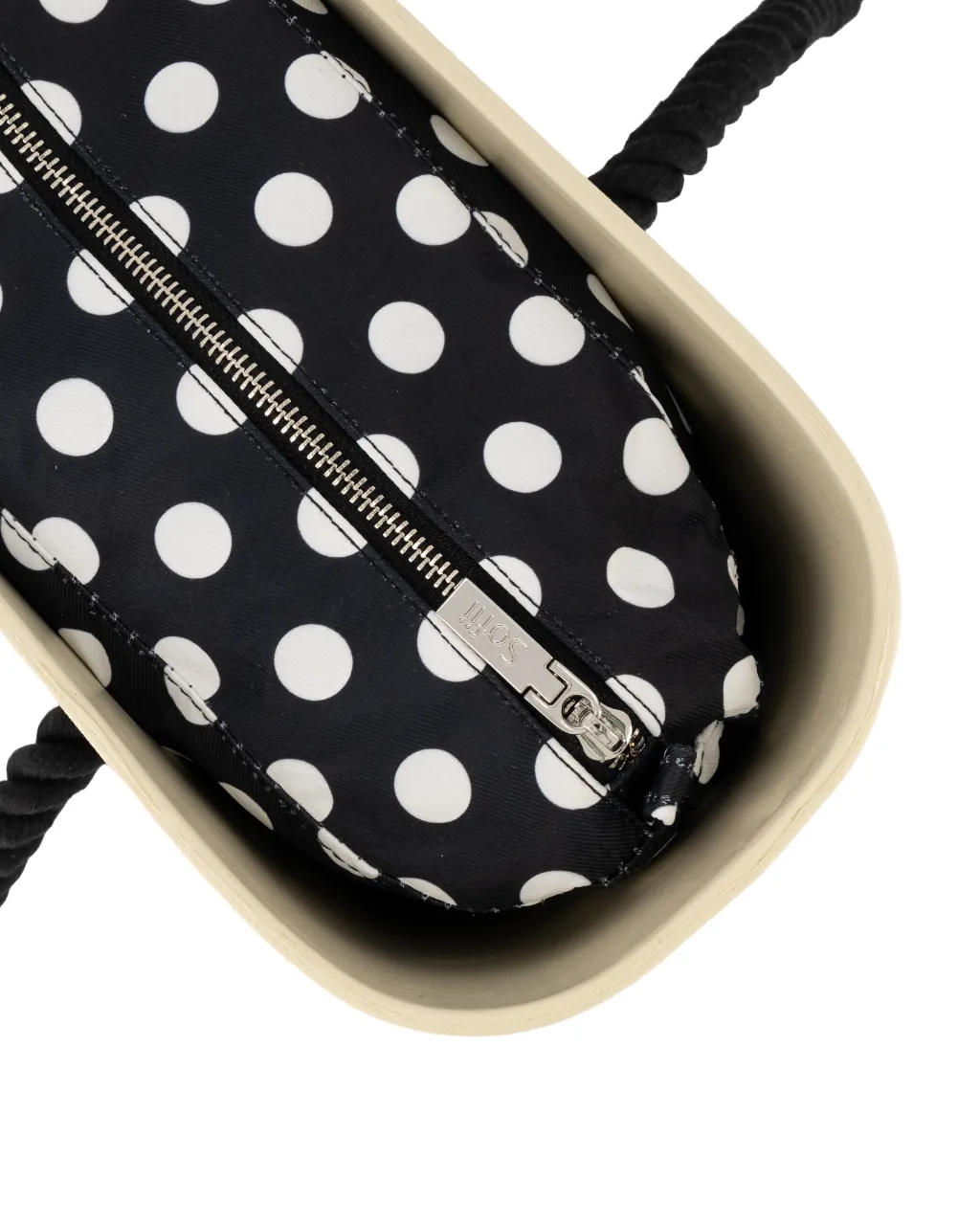 Sofii Designer Tote Handbag - Cream - Polka - Black Rope