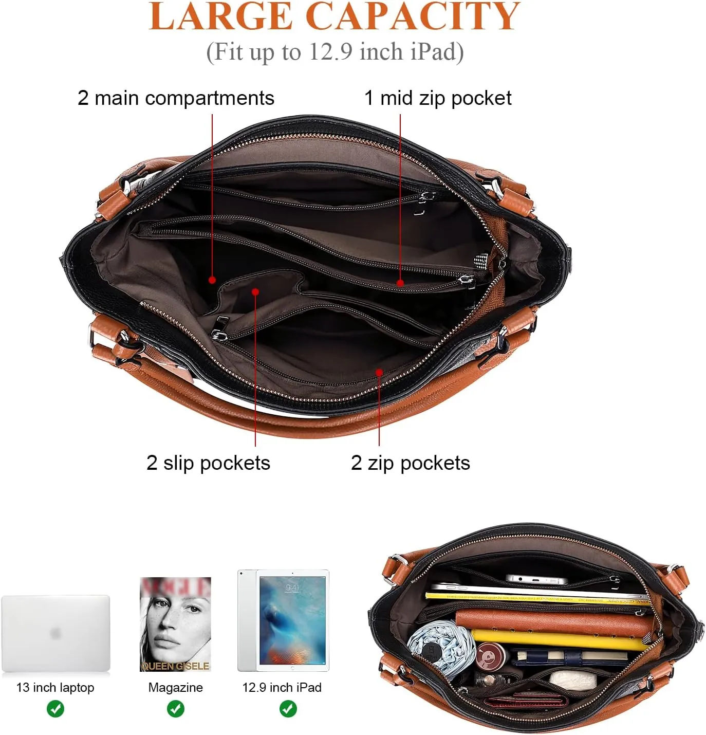 Soft Leather Handbags for Women Shoulder Hobo Bag Large Tote Crossbody Bag (O103E Two Tone Brown)