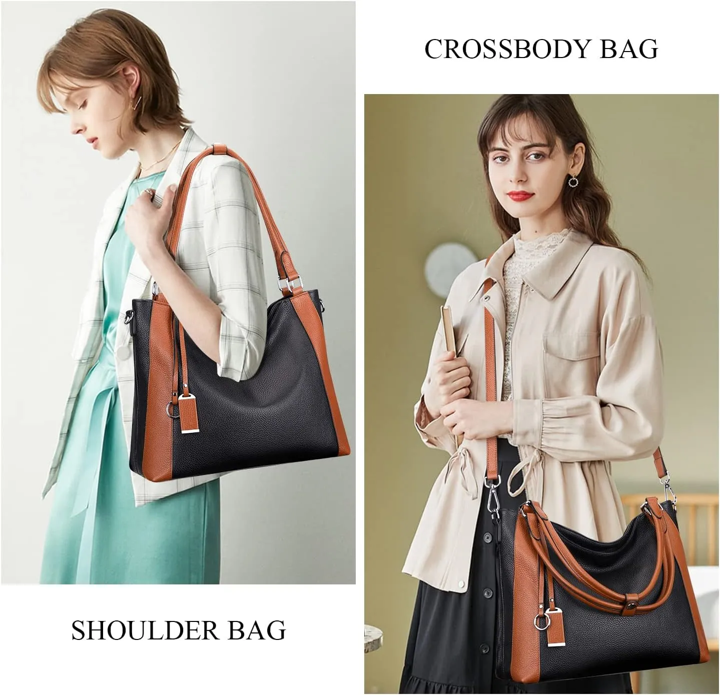 Soft Leather Handbags for Women Shoulder Hobo Bag Large Tote Crossbody Bag (O103E Two Tone Brown)