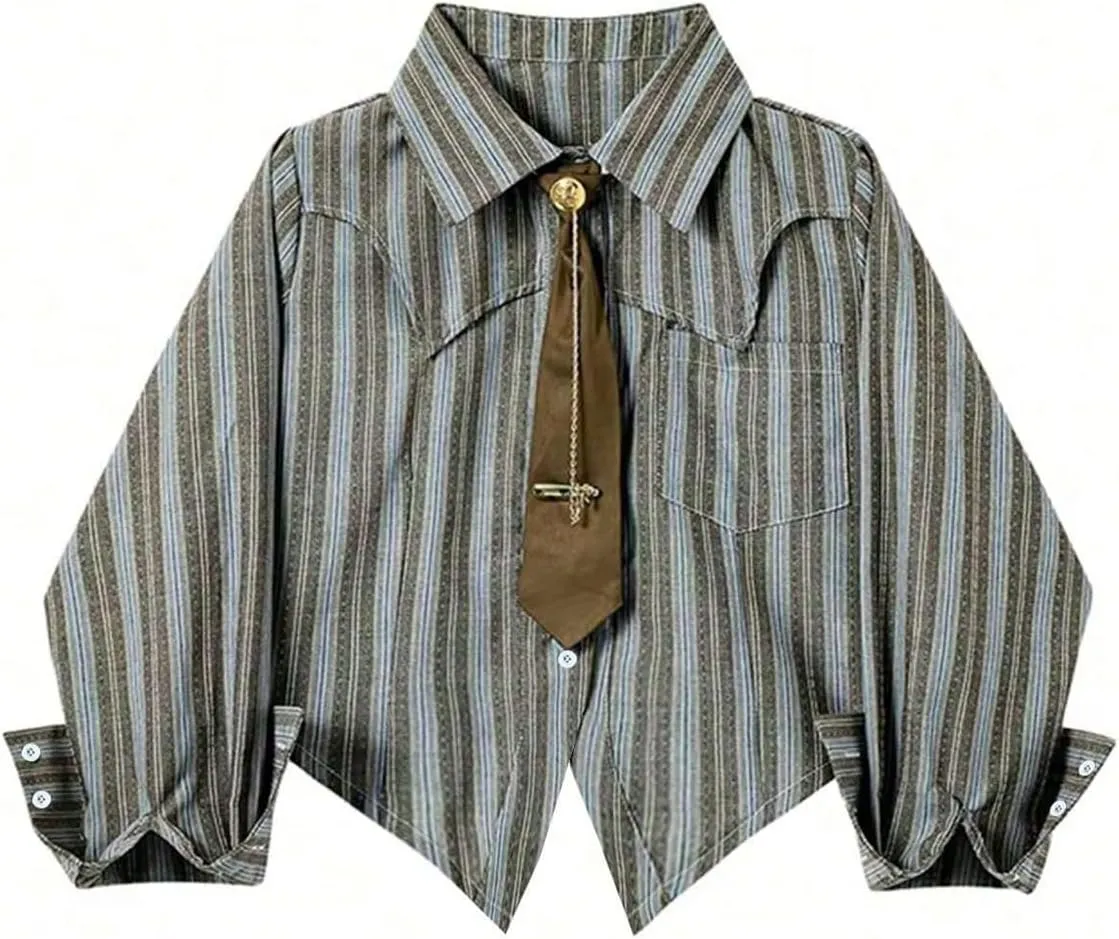 SOLY HUX Women's Striped Print Button Down College Shirts Long Sleeve Tie Blouse Tops Preppy Clothes
