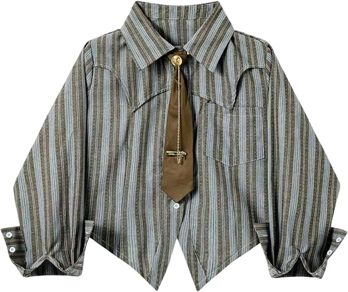 SOLY HUX Women's Striped Print Button Down College Shirts Long Sleeve Tie Blouse Tops Preppy Clothes