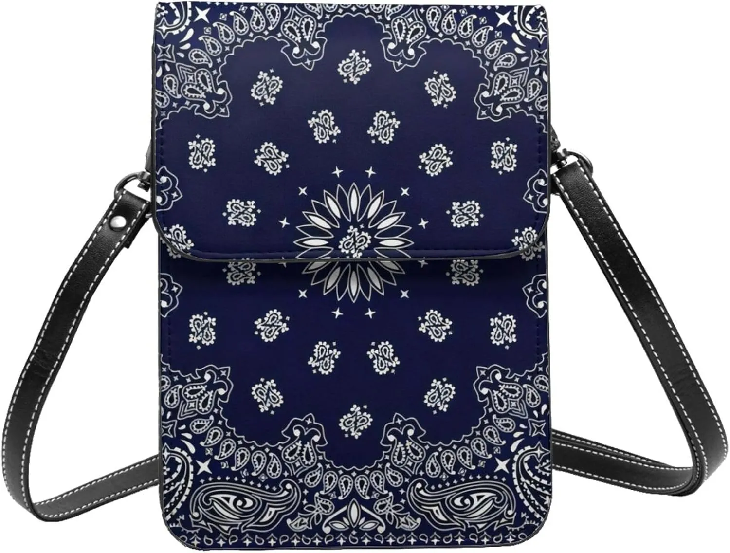 Southwestern Navy Blue Bandana Small Cross Body Bags For Women, Leather Cell Phone Purse With Adjustable Strap