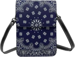 Southwestern Navy Blue Bandana Small Cross Body Bags For Women, Leather Cell Phone Purse With Adjustable Strap