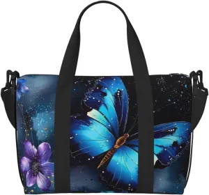 Sports Gym Bag for Women Men Travel Duffel Bag Tote Weekender Bag Carry on Overnight Bag for Travel Swimming Fitness Workout Sports Galaxy Blue Butterfly Duffle Bag