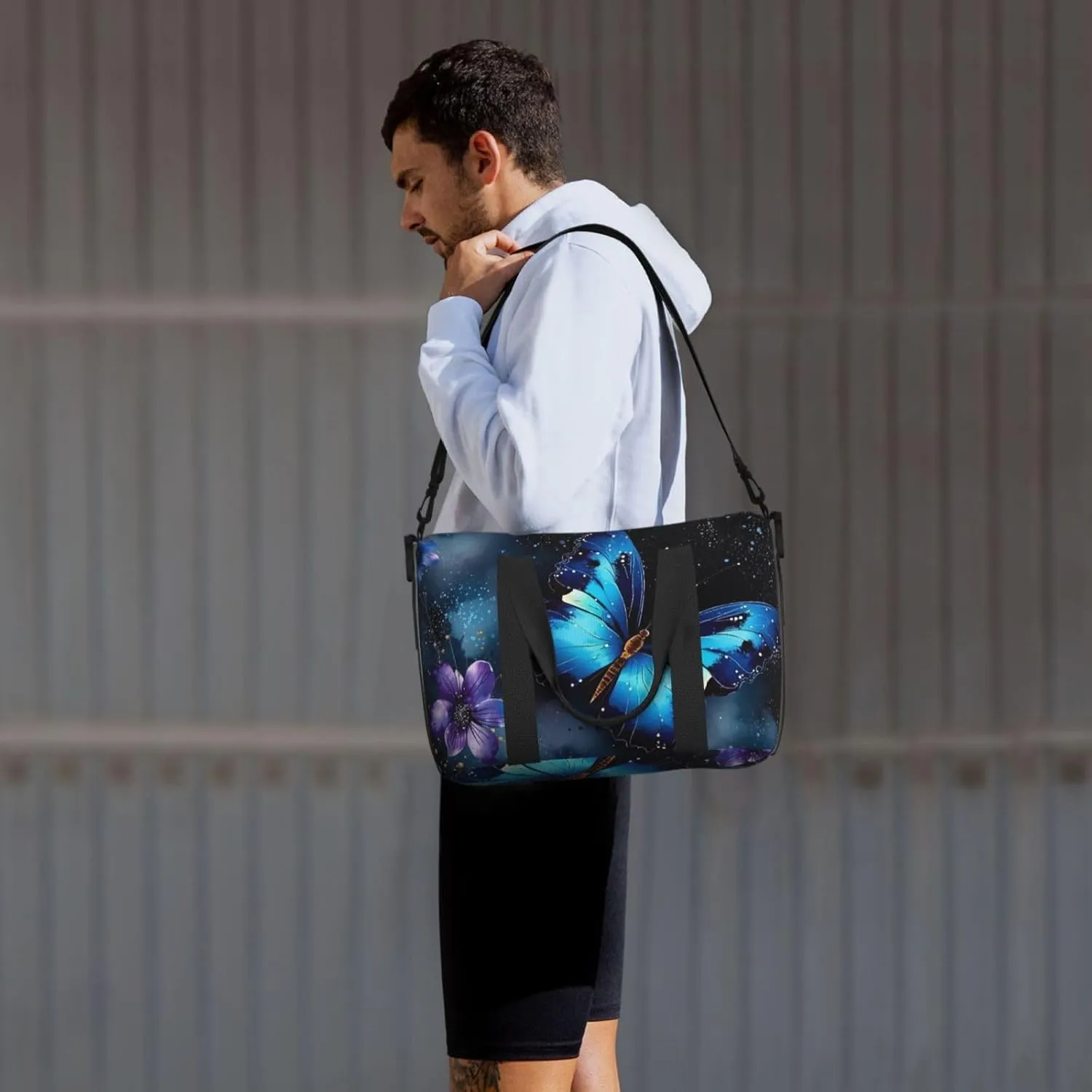 Sports Gym Bag for Women Men Travel Duffel Bag Tote Weekender Bag Carry on Overnight Bag for Travel Swimming Fitness Workout Sports Galaxy Blue Butterfly Duffle Bag