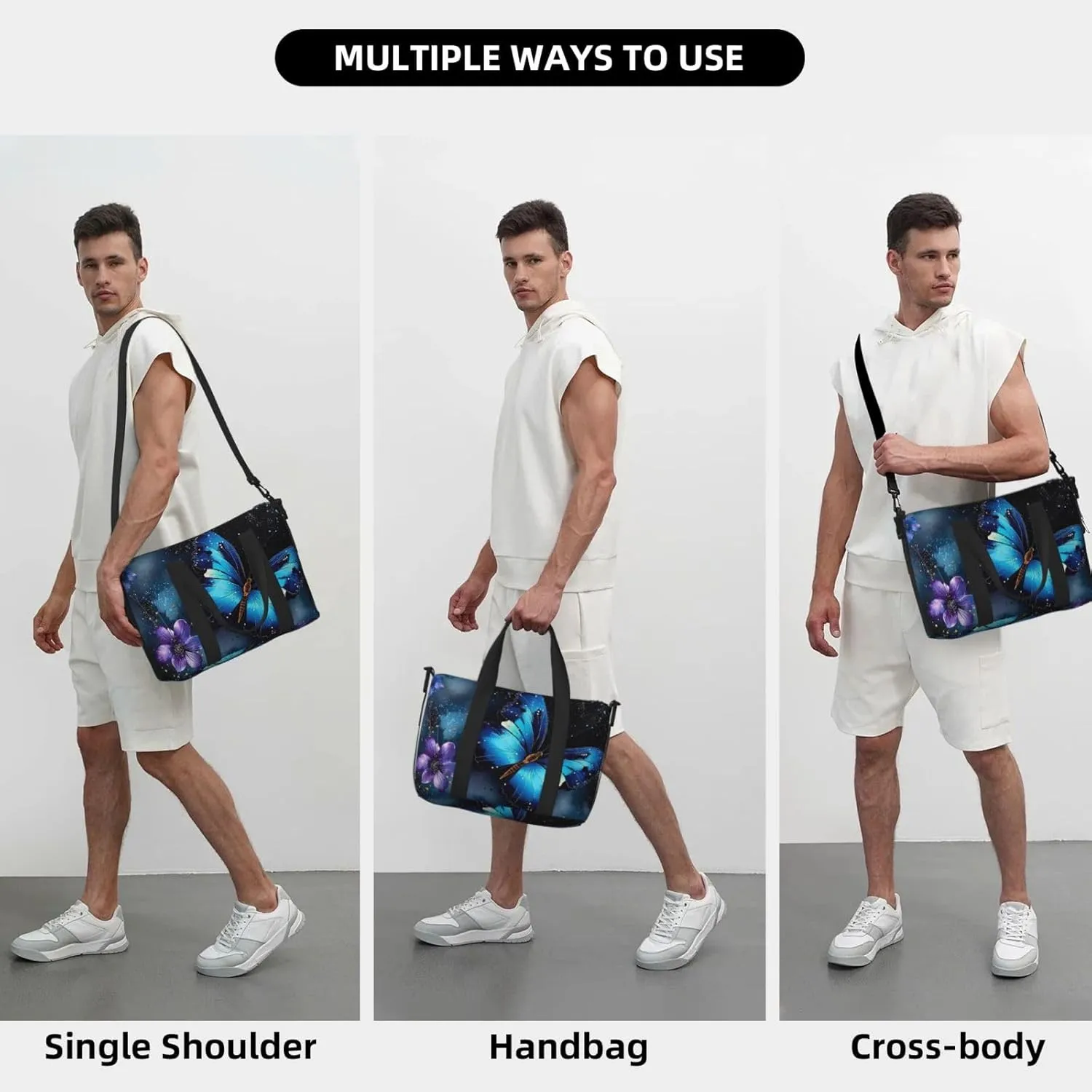 Sports Gym Bag for Women Men Travel Duffel Bag Tote Weekender Bag Carry on Overnight Bag for Travel Swimming Fitness Workout Sports Galaxy Blue Butterfly Duffle Bag